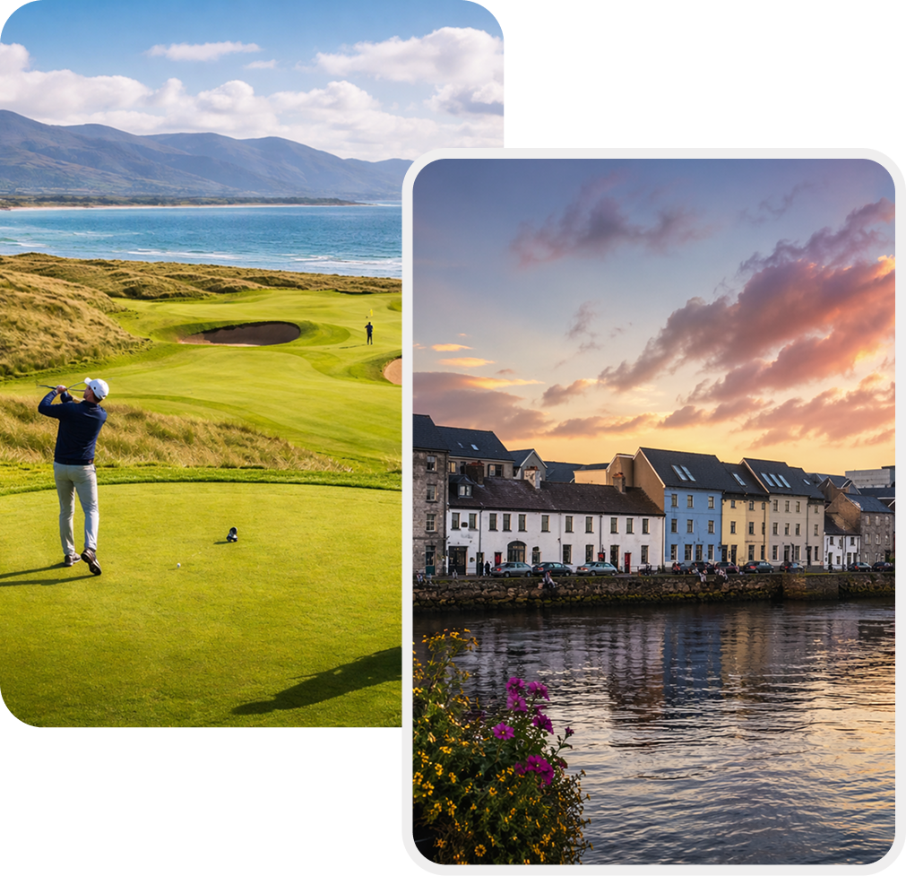 Irish golf course and coastal town scenery