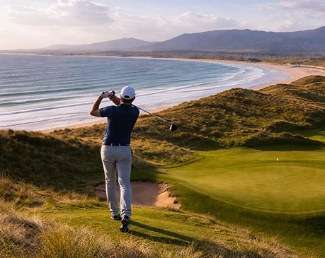 Golfer playing a coastal links golf course in Ireland