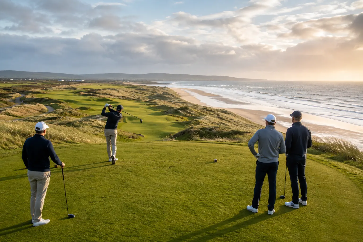 Group of golfers enjoying a round on a scenic Irish links golf course overlooking the Atlantic Ocean at sunset